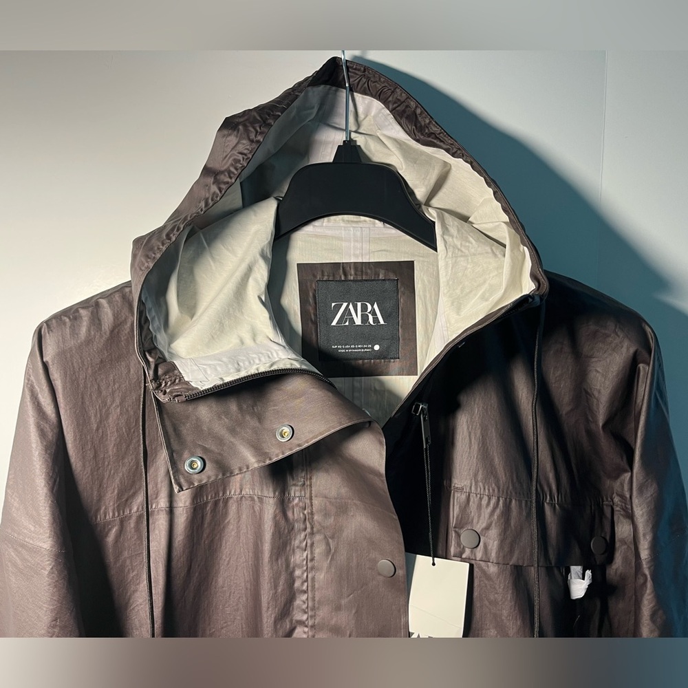 Zara Water&WindProof Unlined Coated Canvas Hooded Oversized Long Trench - Picture 7 of 16